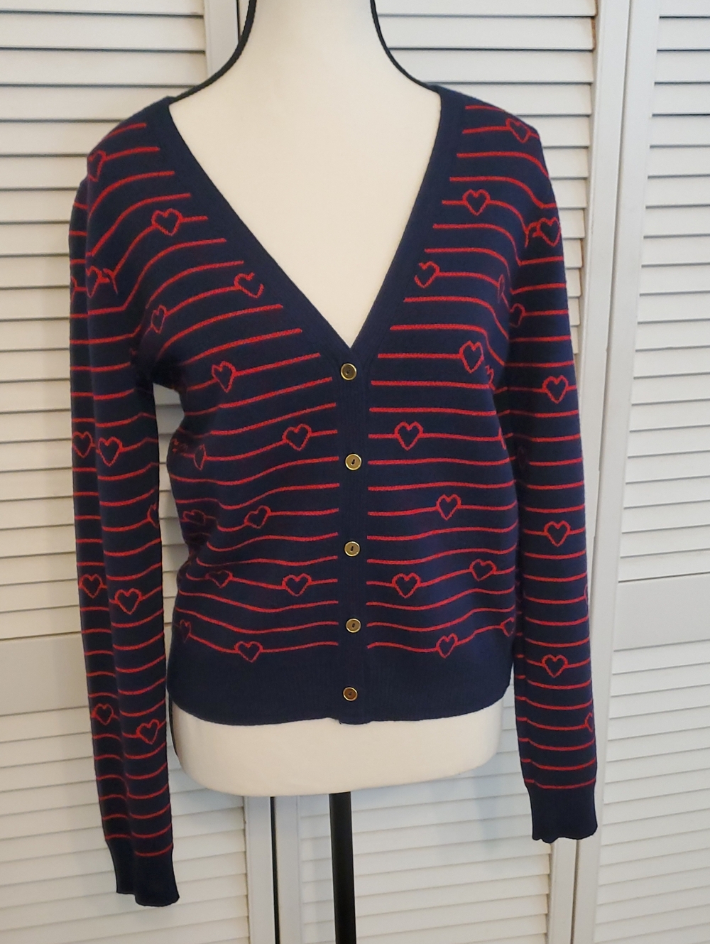 Belldini Heart Striped Red and Blue Sweater Cardigan, Size Medium